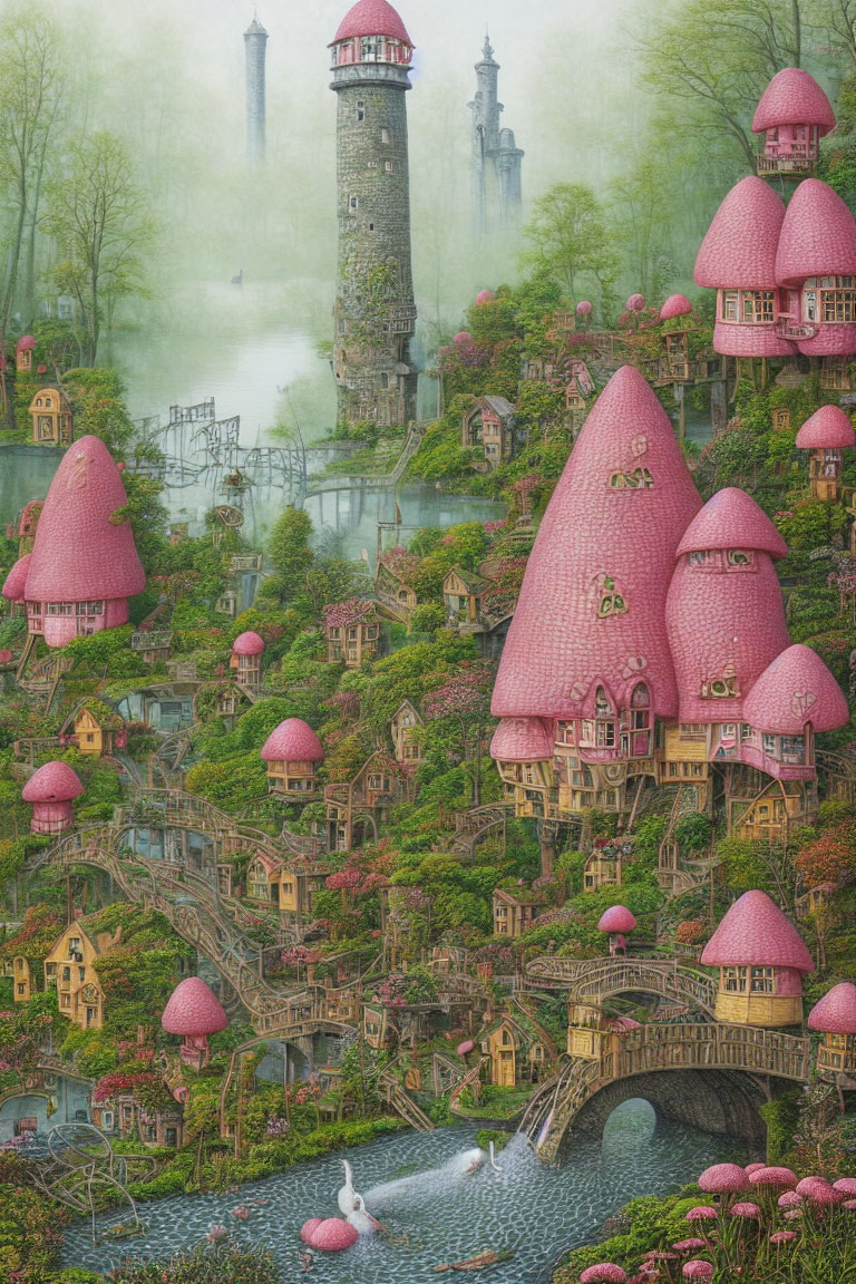 Whimsical village with pink-roofed stone houses and swans in a misty setting
