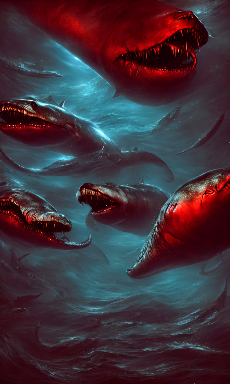 Sinister underwater scene with fierce creatures and glowing eyes