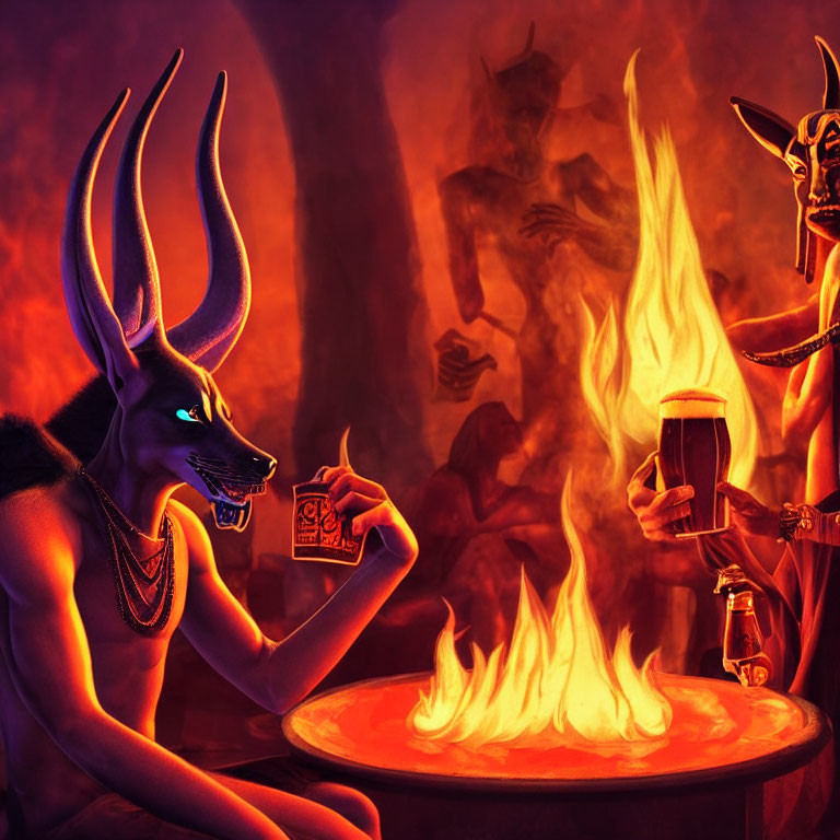 Egyptian mythology style anthropomorphic jackal and humanoid figures sharing drinks by fire in warm, ominous setting