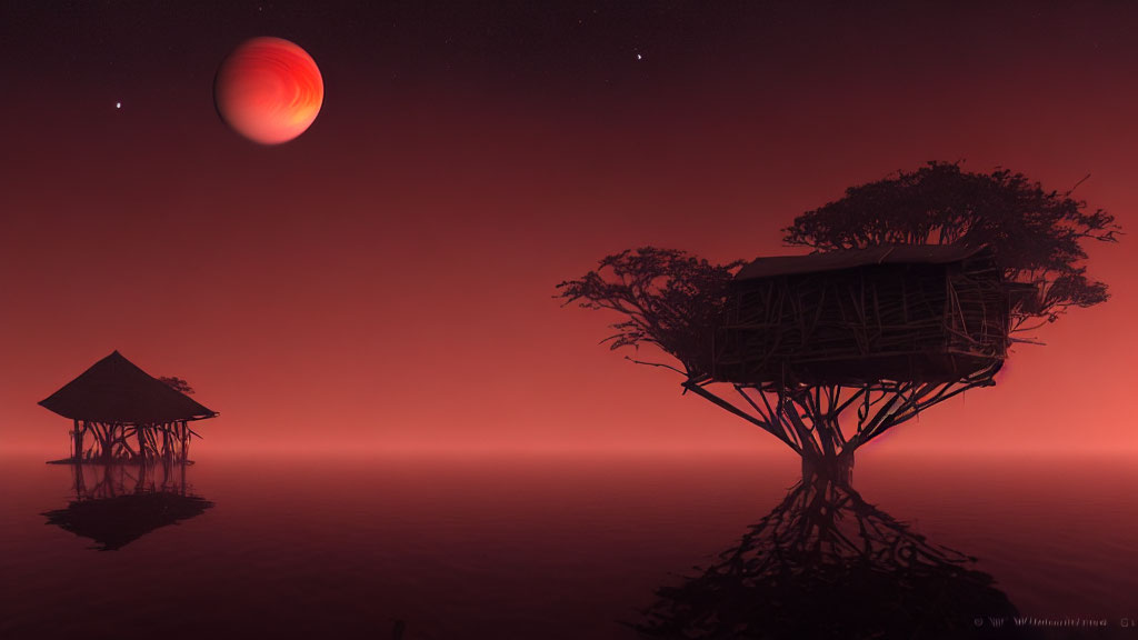 Two stilted huts on trees in misty orange-red landscape with large planet and stars