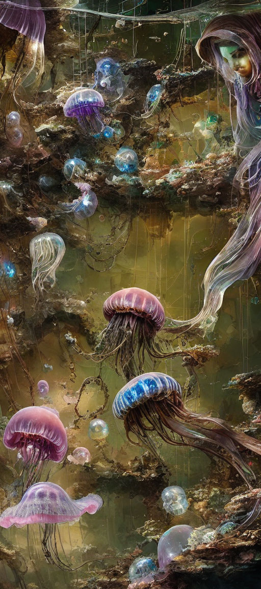 Bioluminescent jellyfish in underwater dream scene