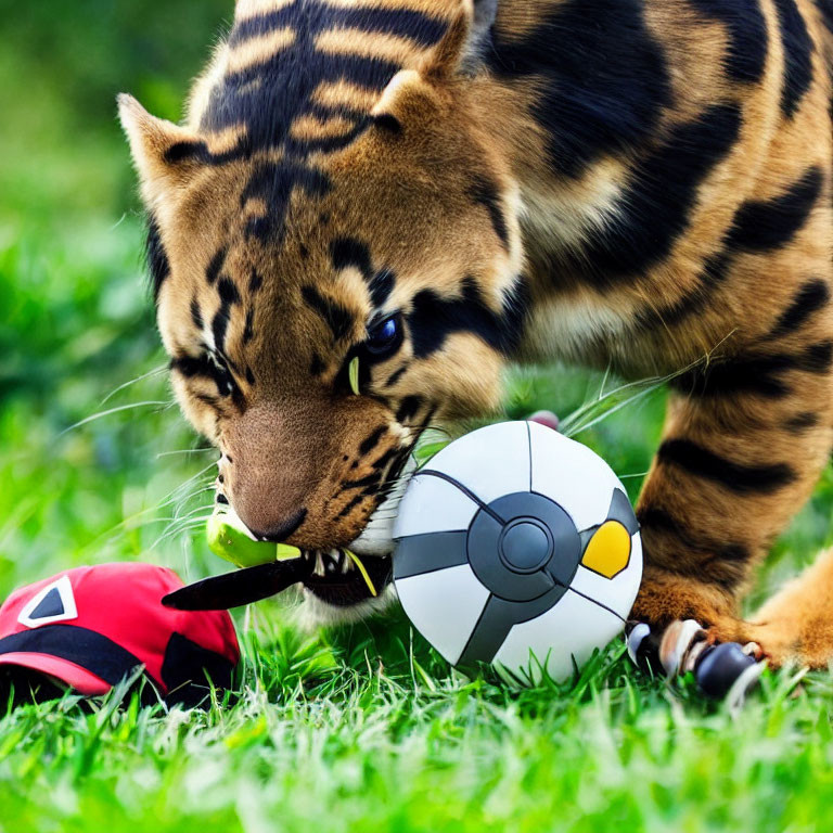 Tiger Cub Playing with Pokémon Toys Outdoors