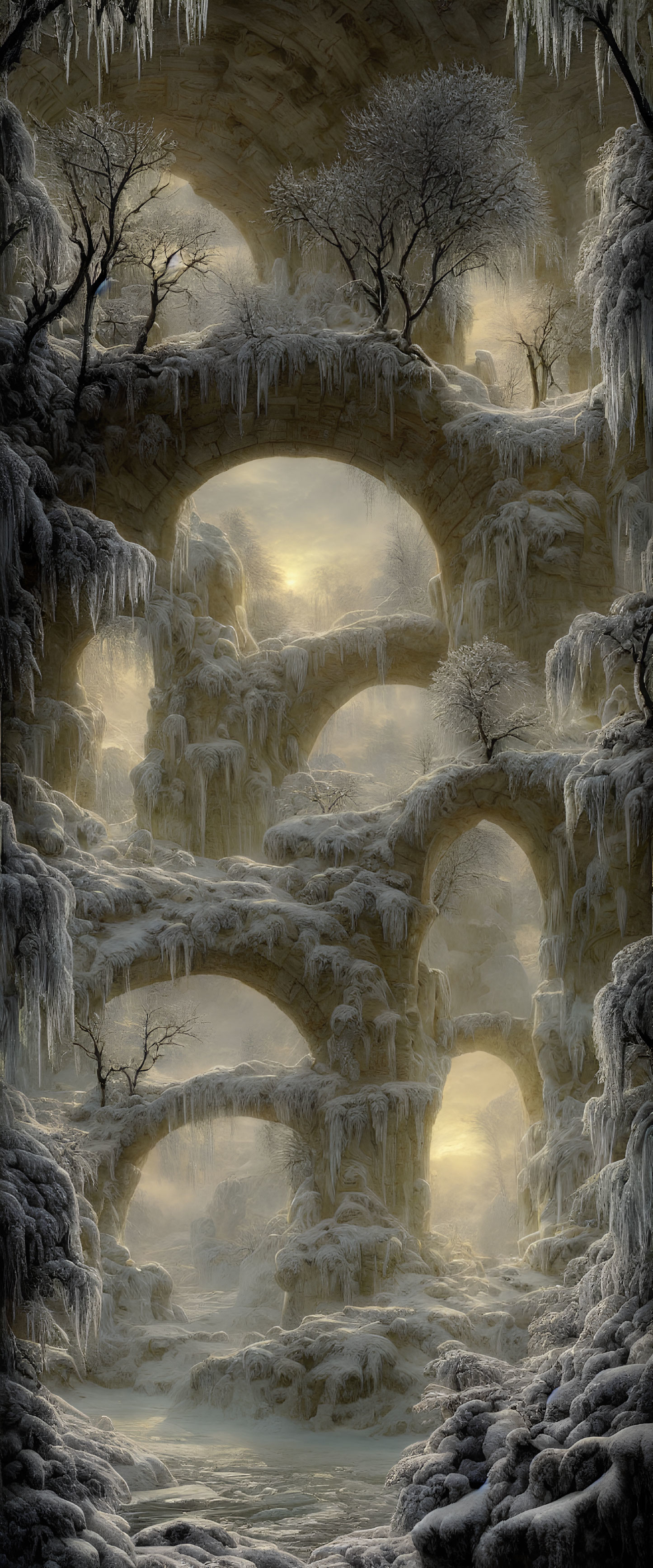 Frozen landscape with stone arches, icicles, and bare trees under warm sun glow