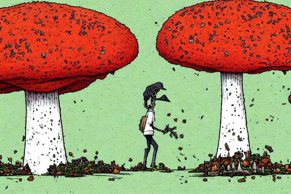 Whimsical landscape with person in crow mask and red-capped mushrooms