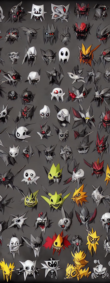 Stylized monster and creature faces in black, white, and red on dark background