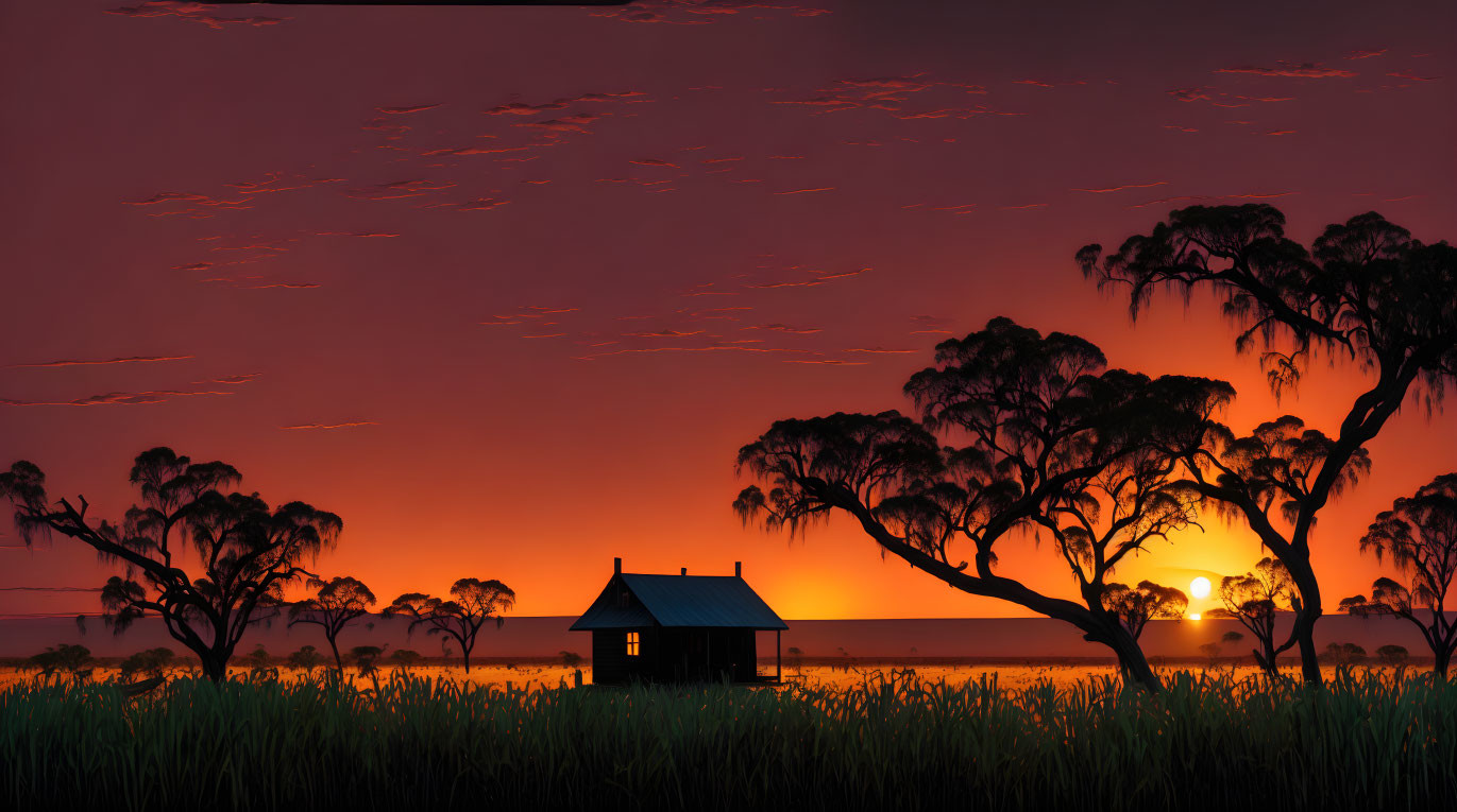 Lonely house in field with sunset sky and trees.