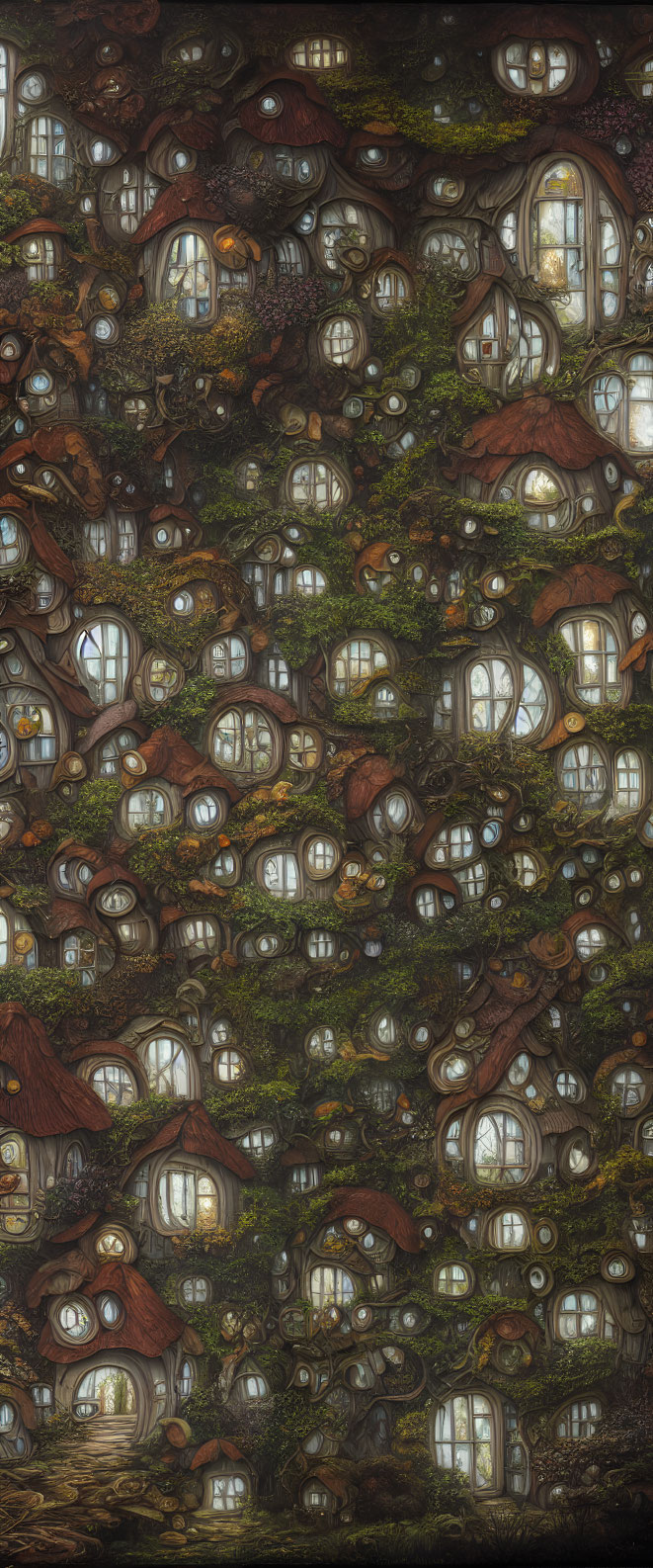 Whimsical Fantasy Forest Scene with Tree Houses and Round Windows