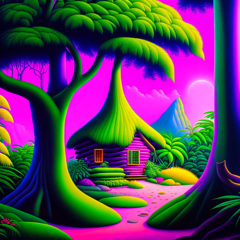 Fantasy forest digital art with oversized trees and volcano under purple sky