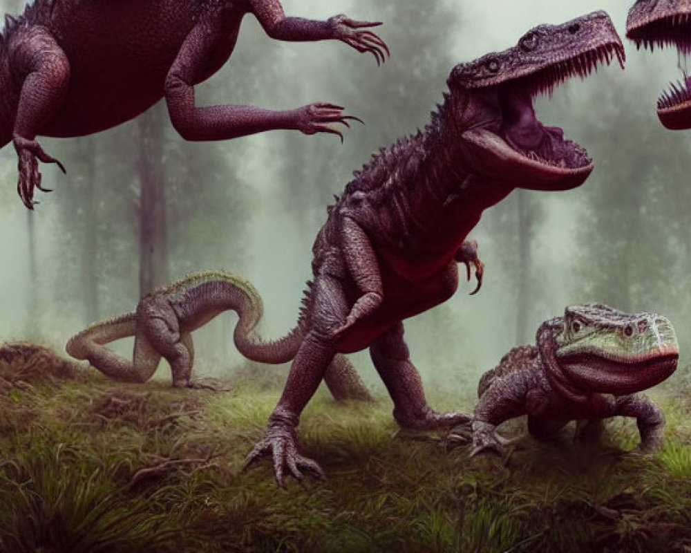 Realistic Dinosaurs Roaming Misty Forest Landscape