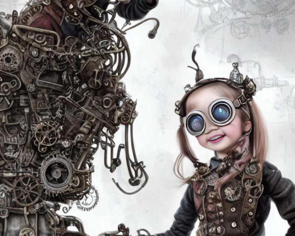 Children in steampunk attire with goggles and mechanical devices showcase whimsical retro-futurism.