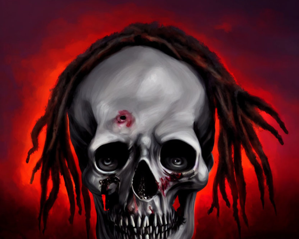 Digital painting of skull with dreadlocks, bullet hole, and blood on red background