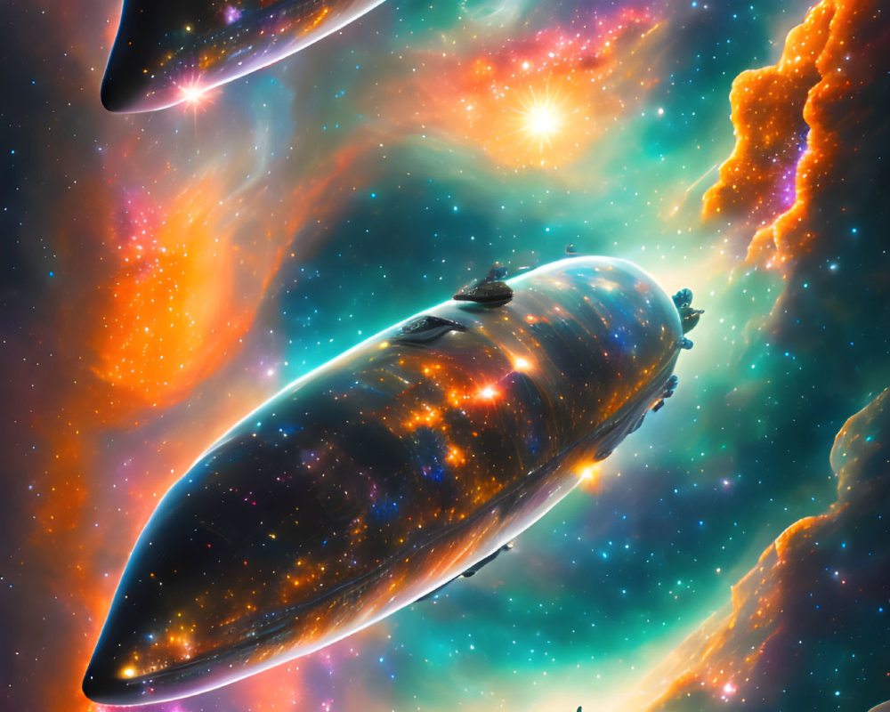 Three futuristic spaceships with cityscapes on top in vibrant cosmic nebula.