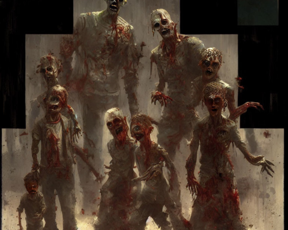 Horde of bloody zombies in menacing pose