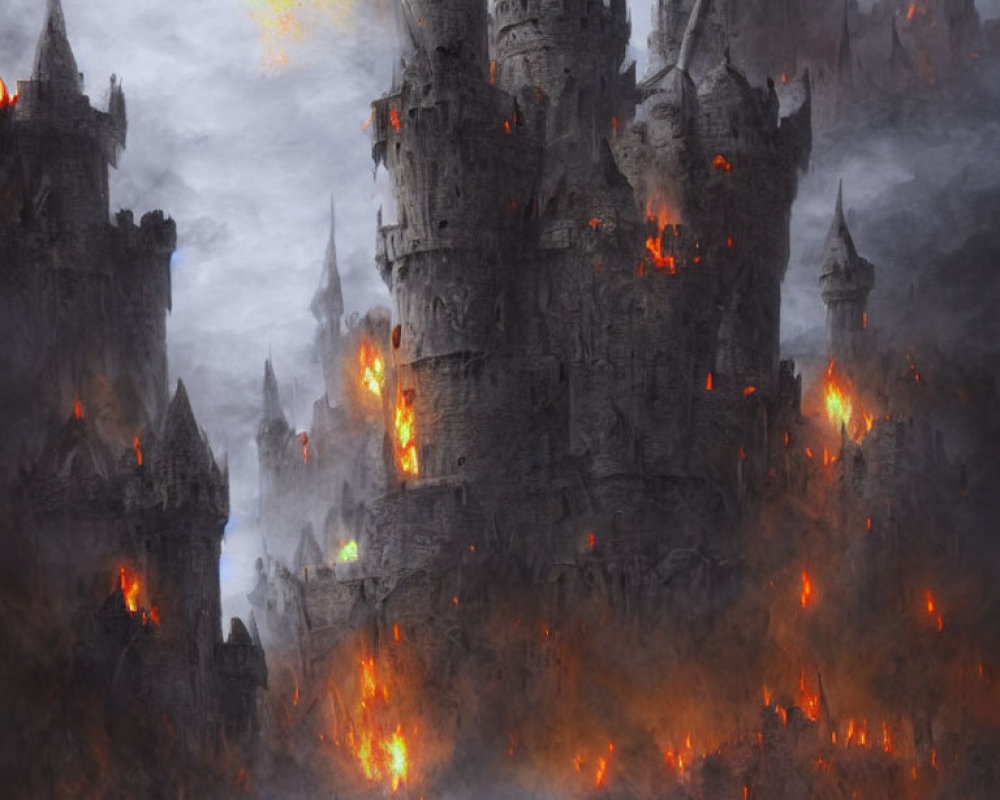 Fantastical castle siege with comet, flames, warriors in battle