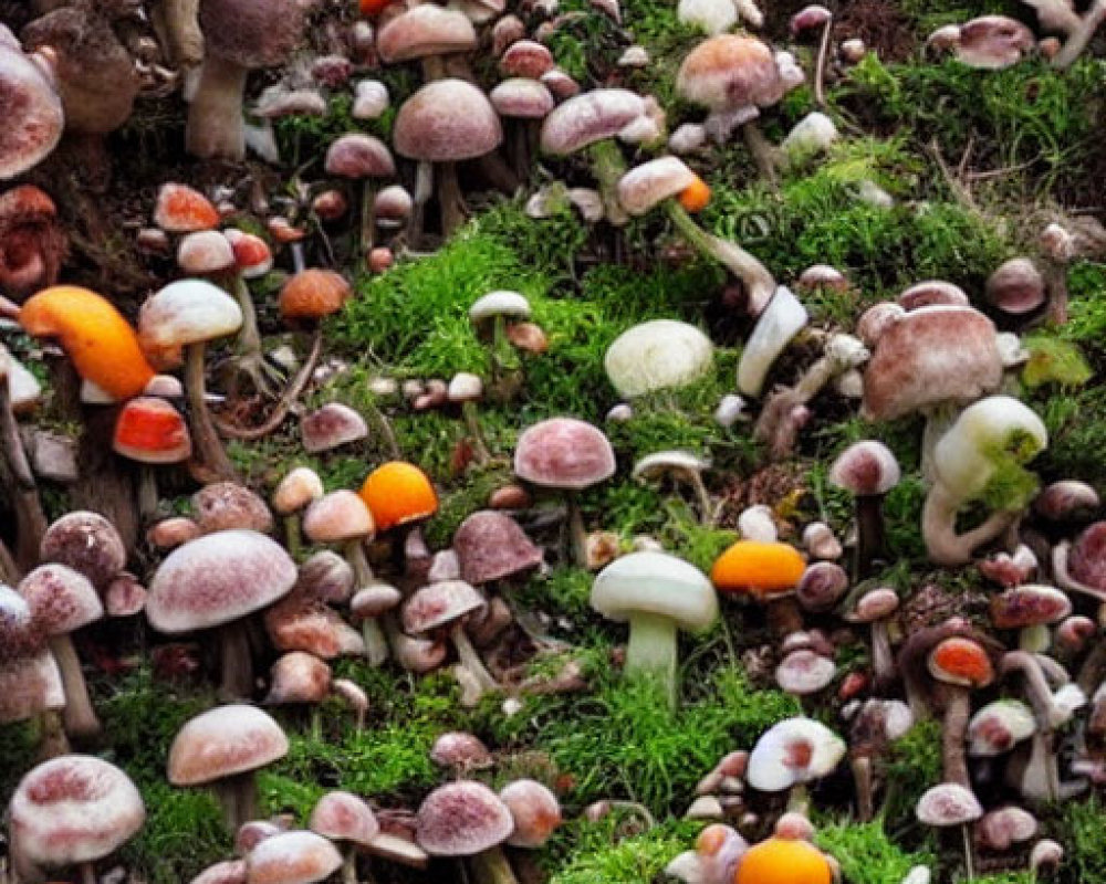 Diverse Mushrooms on Forest Floor with Green Grass