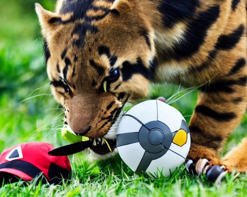 Tiger Cub Playing with Pokémon Toys Outdoors