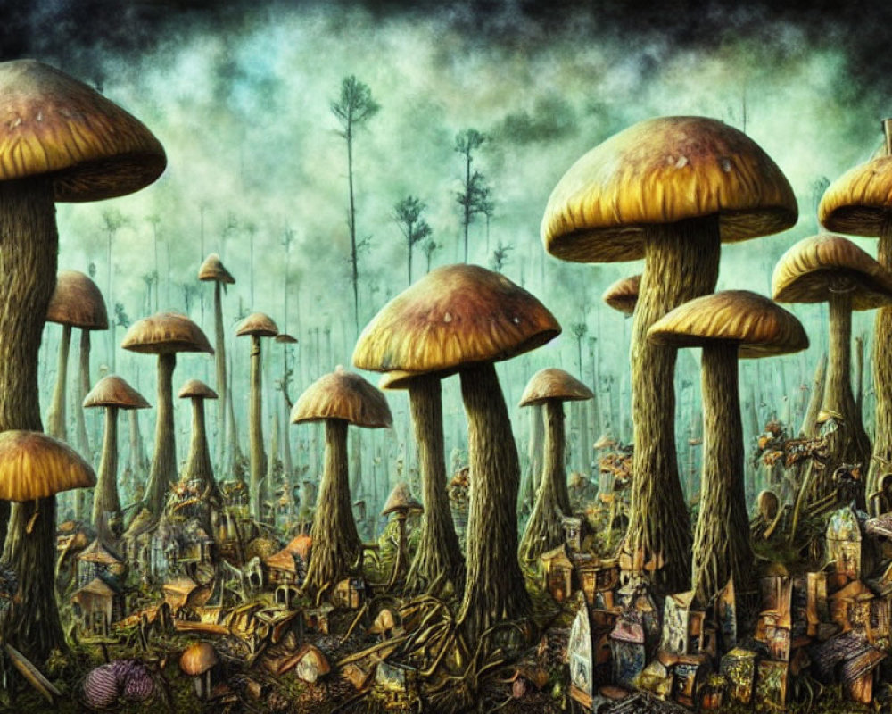 Fantastical forest with oversized mushrooms and miniature ruined buildings in misty atmosphere