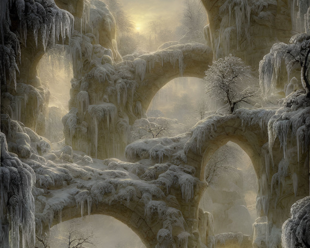 Frozen landscape with stone arches, icicles, and bare trees under warm sun glow
