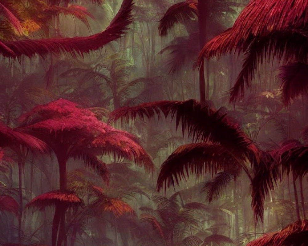 Enchanting forest scene with red ferns under purple sky