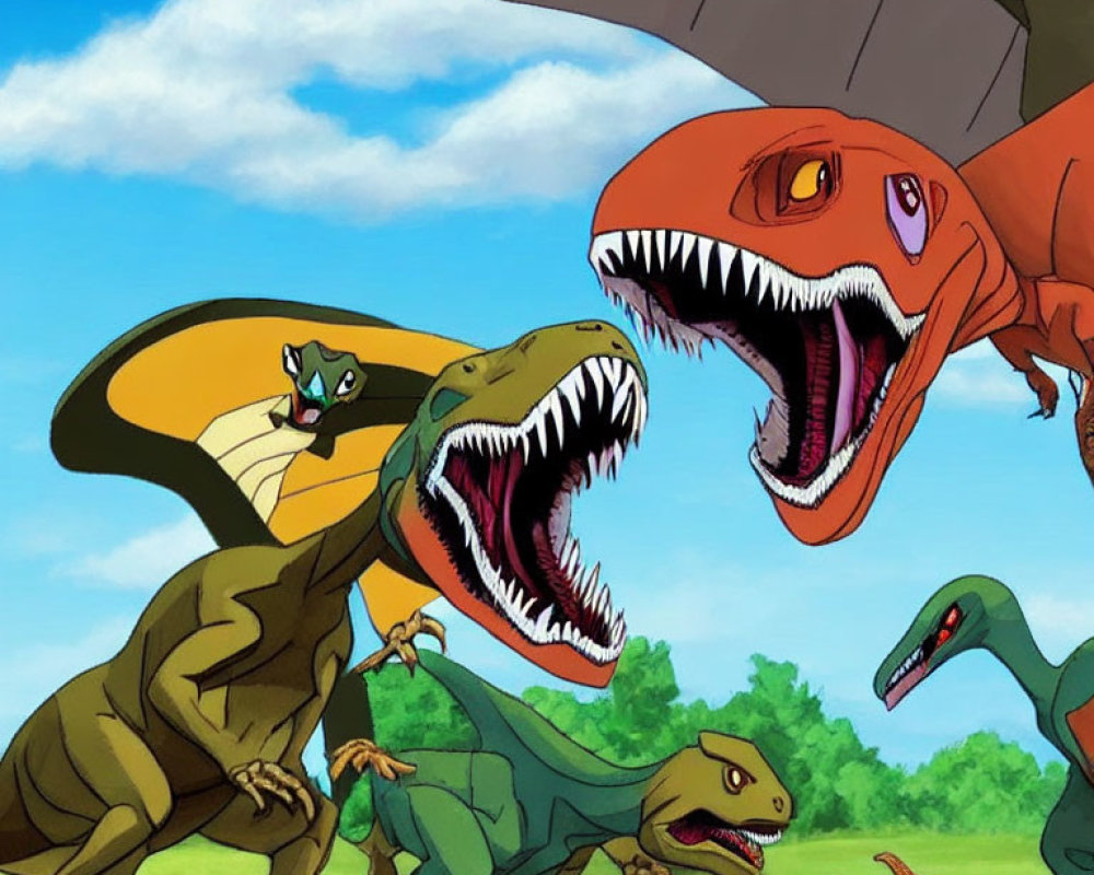 Various Species and Colors of Animated Dinosaurs Roaring in Prehistoric Landscape