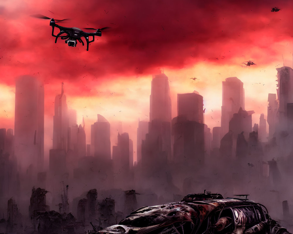 Dystopian cityscape with ruined buildings under red sky