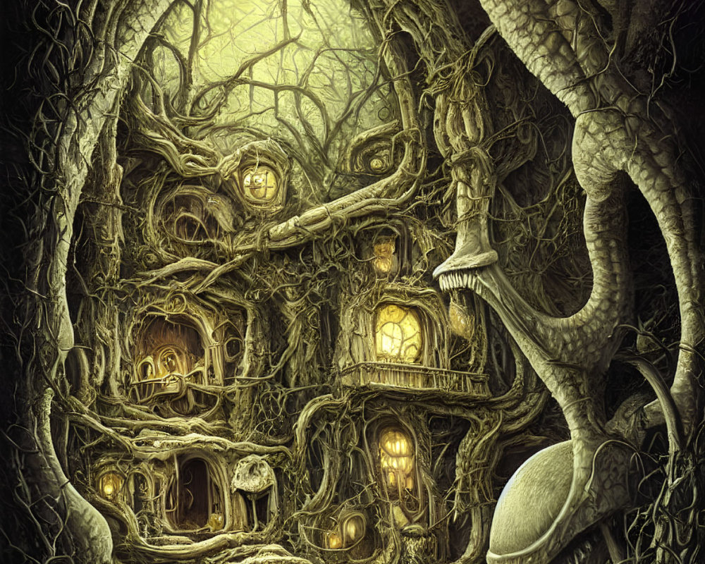 Fantastical tree with serpentine roots and glowing windows.