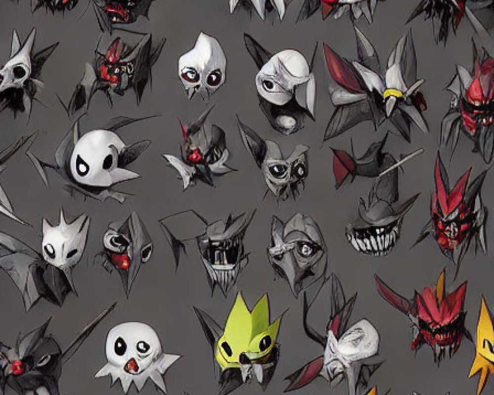 Stylized monster and creature faces in black, white, and red on dark background