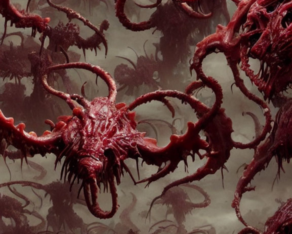 Red Monstrous Creatures with Tentacles and Sharp Teeth in Horror/Fantasy Scene