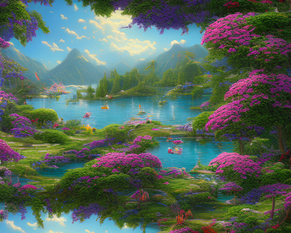 Colorful Landscape with Pink and Purple Flora, Waterways, and Mountains