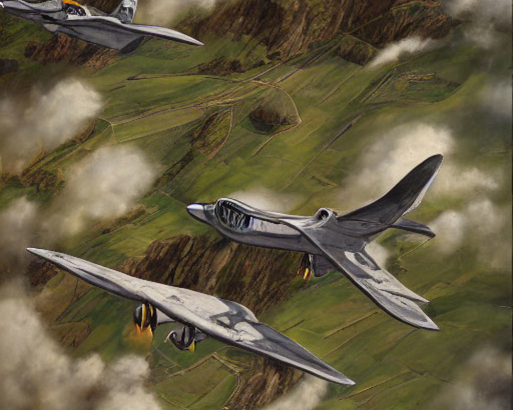 Formation of Vintage Fighter Planes Over Coastal Landscape with Firing Guns