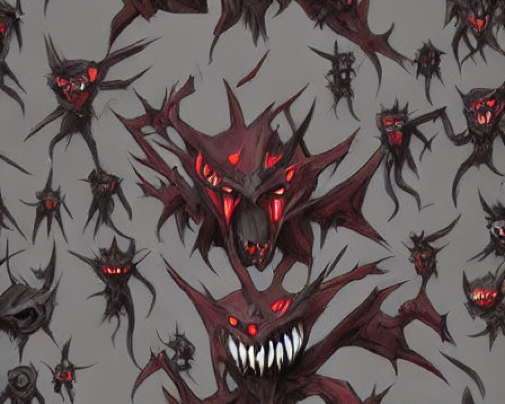 Fantasy creatures with red eyes and sharp fangs on gray background