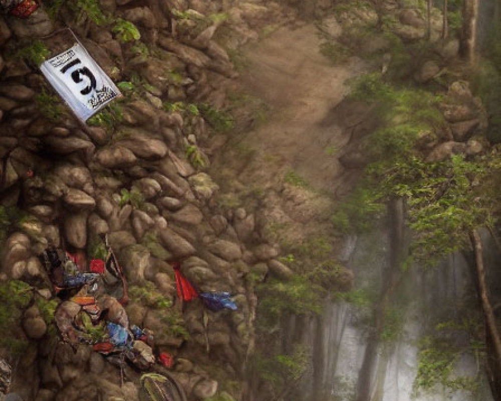 Mountain biker in full-face helmet jumps downhill over rocky terrain with forest spectators.