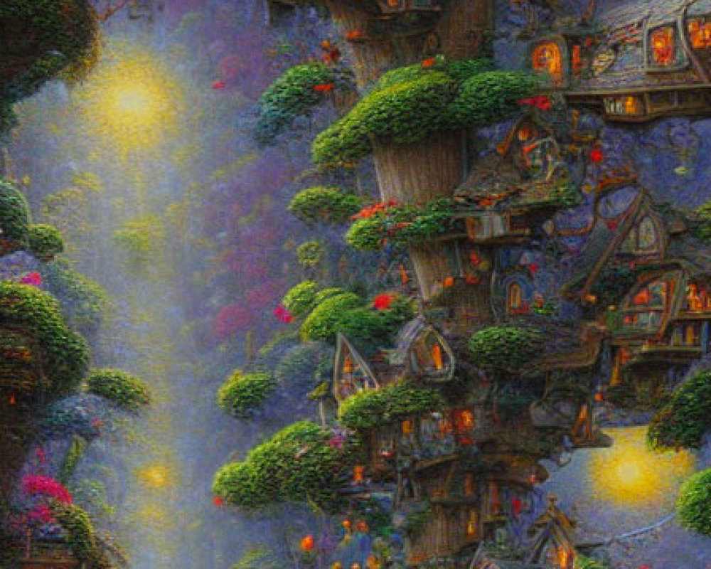 Vertical whimsical painting of a fantasy treehouse with cottages and glowing lights