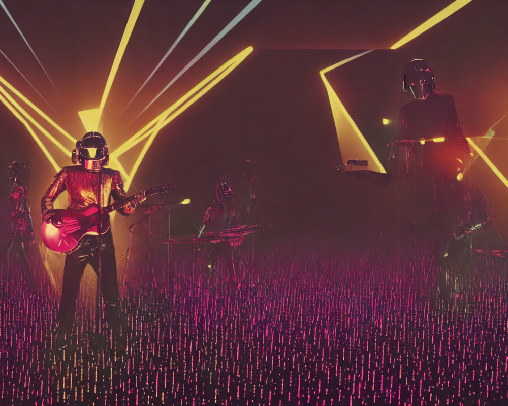 Futuristic musicians in helmets and suits playing guitar and keyboards among vibrant lights and neon grass