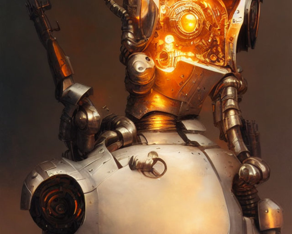 Robotic figure with intricate helmet-like head and glowing orange elements