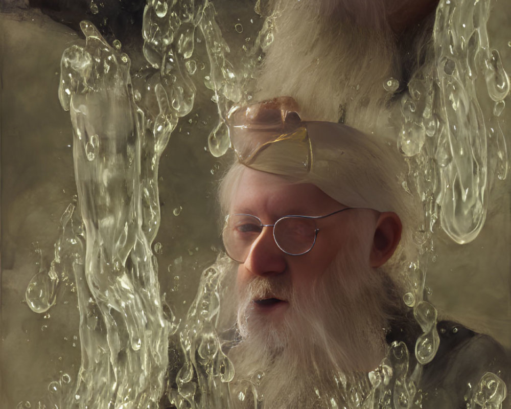 Elderly Man with White Beard Interacts with Floating Liquid Streams