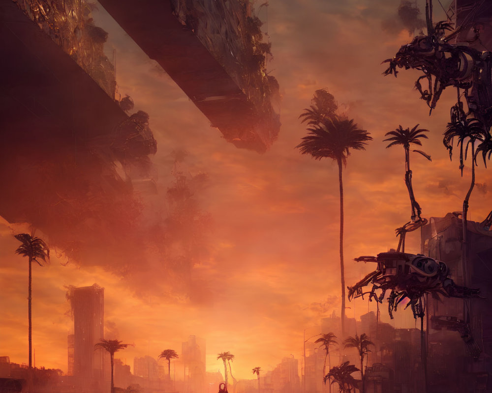 Sunset post-apocalyptic cityscape with ruins, figure, palm trees, and hovering vehicle.