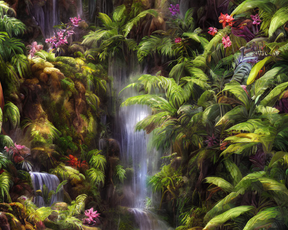 Vibrant fantasy waterfall in lush tropical forest
