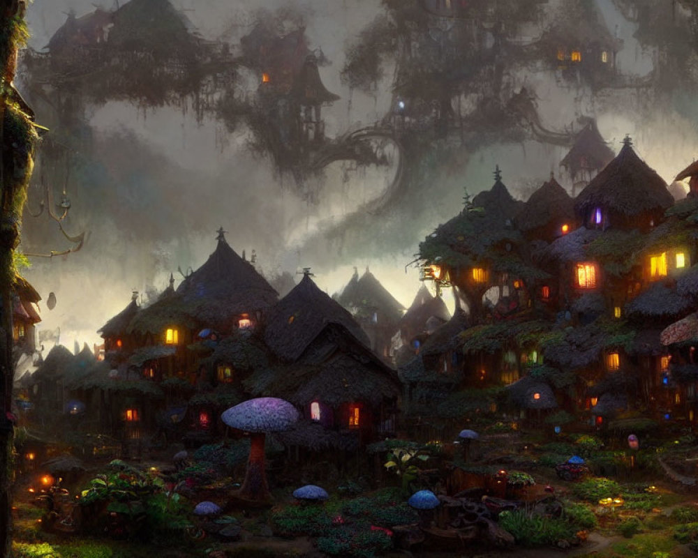 Mystical village at dusk with thatched-roof cottages and glowing windows