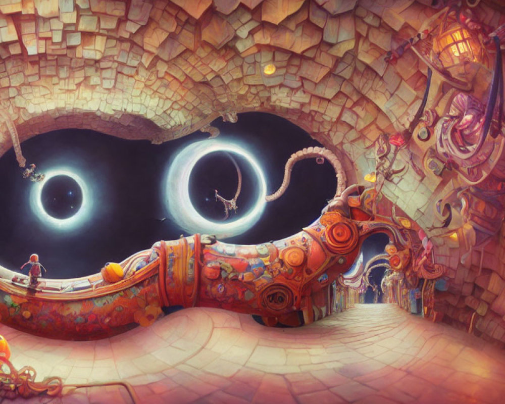 Whimsical digital artwork of a colorful, imaginative corridor with expressive eyes and fantastical elements