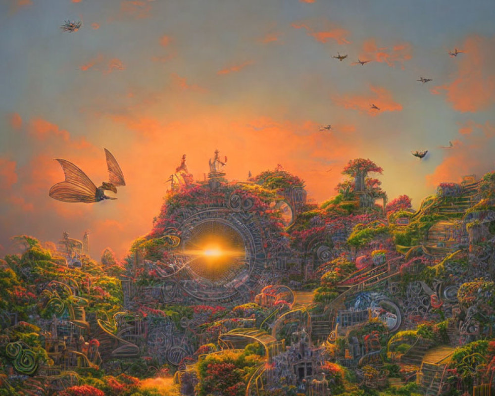 Fantastical landscape featuring flying machines, illuminated portal, lush vegetation, and sunset sky