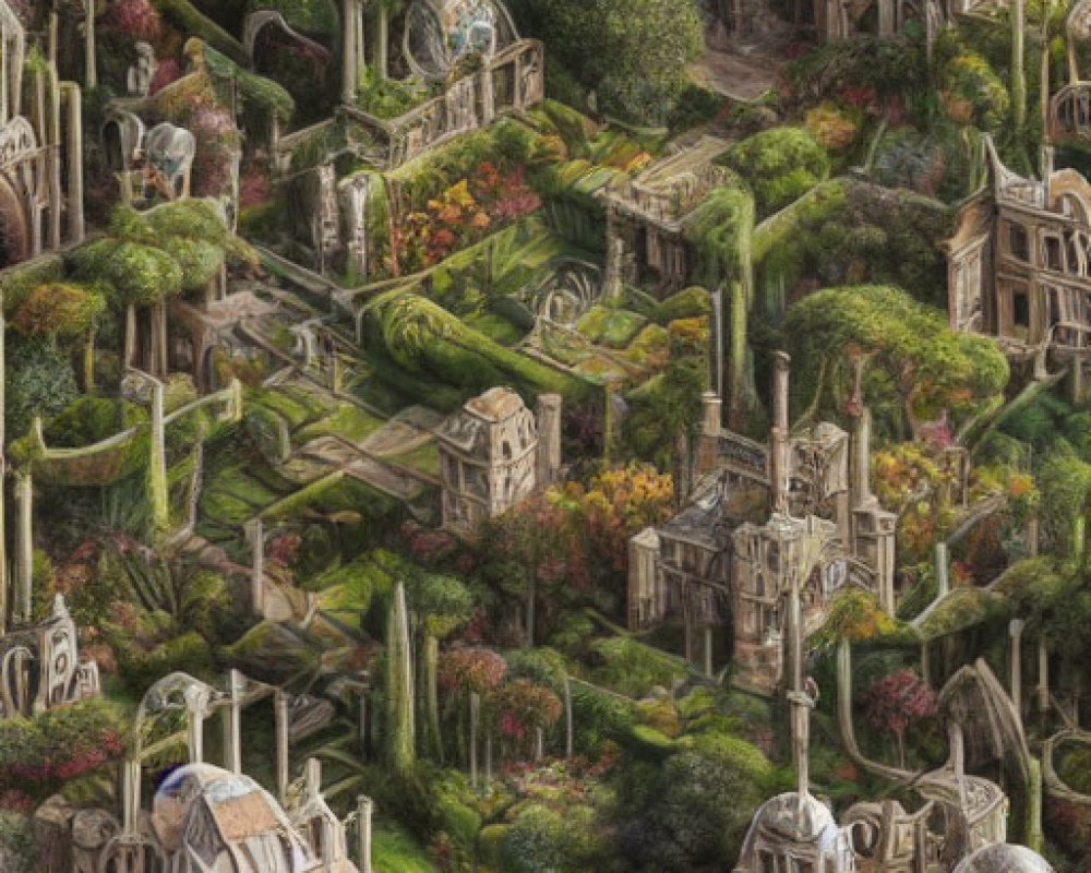 Vertical surreal architectural landscape blending with nature and ornate buildings in lush gardens.