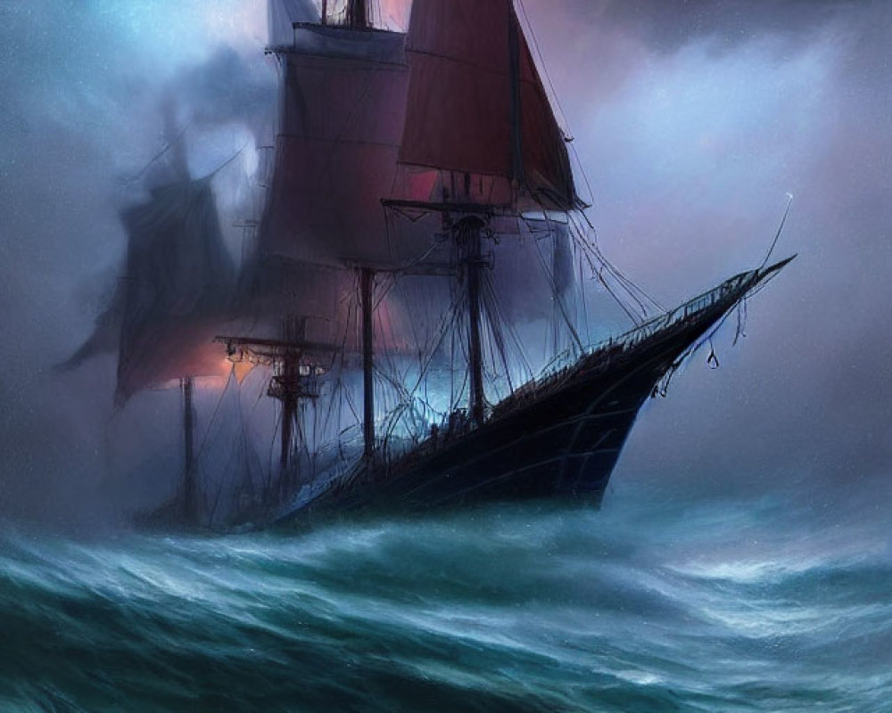 Majestic sailing ship in turbulent seas at dusk