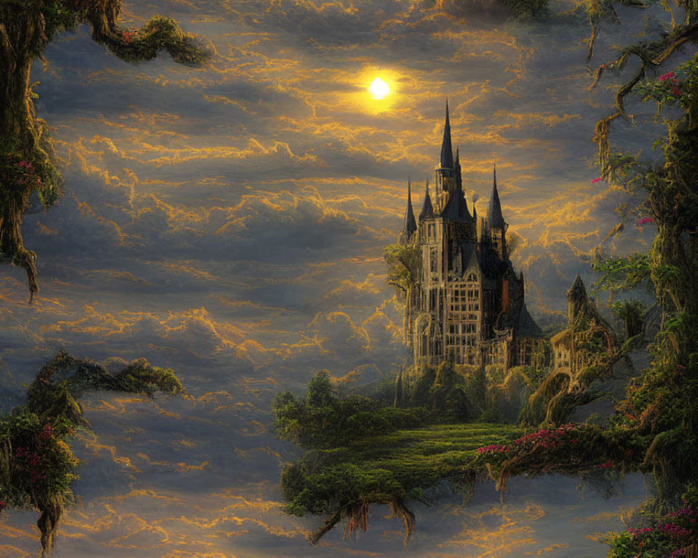 Vertical Fantasy Landscape with Castles, Clouds, Suns, and Water