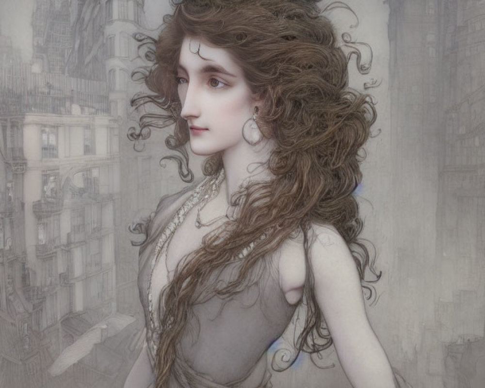 Curly Haired Woman in Classical Dress against Gothic Cityscape
