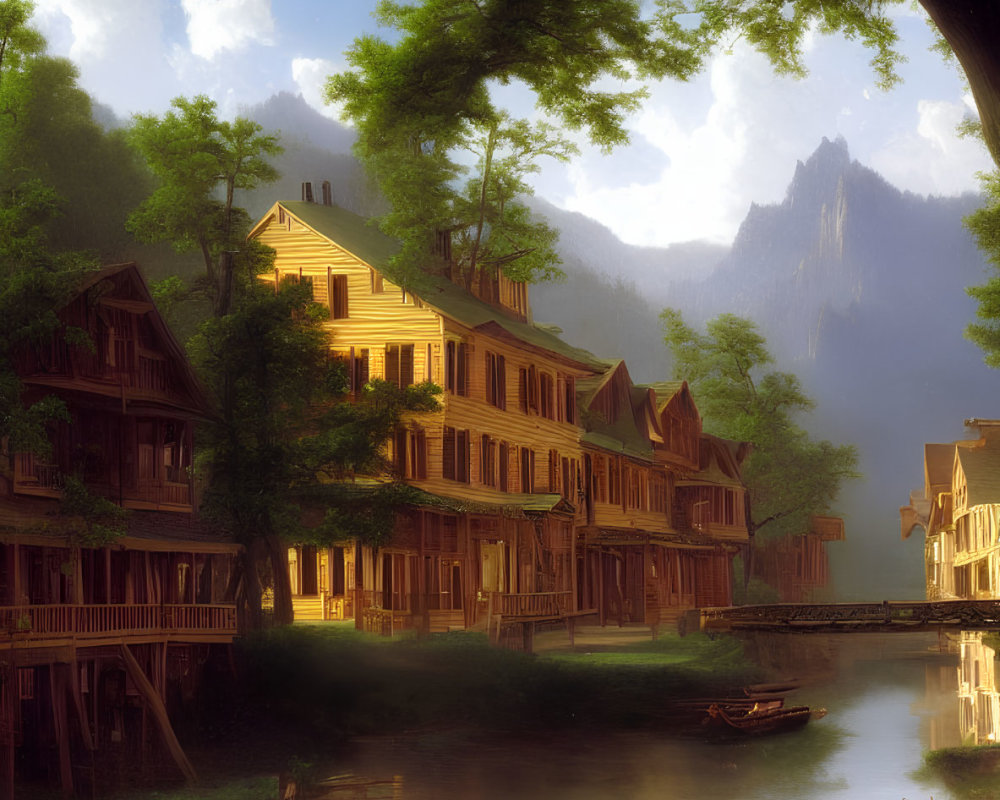 Riverside landscape with trees, wooden buildings, boat, and mountains