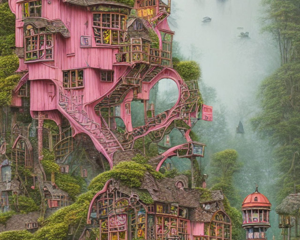 Whimsical pink treehouse in misty forest with boats
