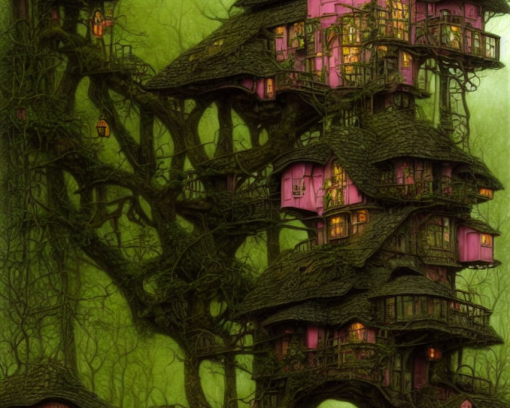 Enchanting tree with houses in mystical forest