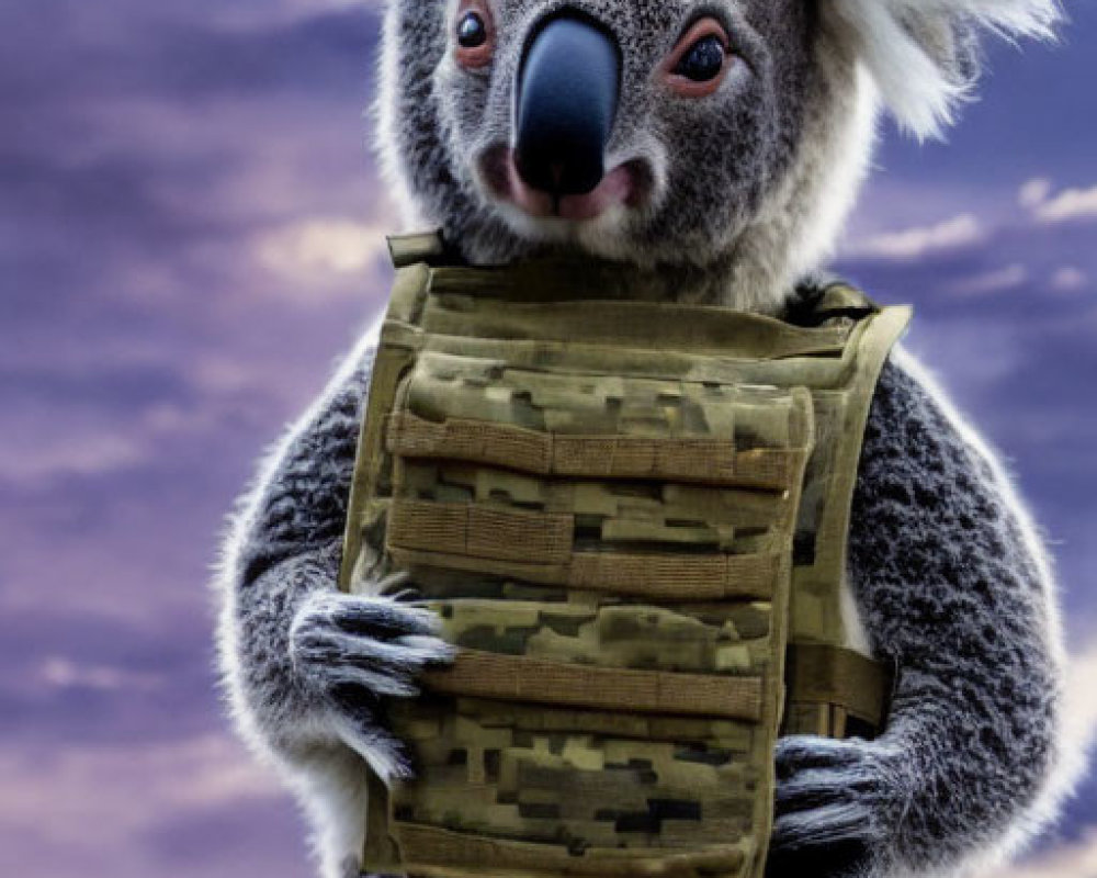 Koala in military hat with tactical vest under dramatic sky