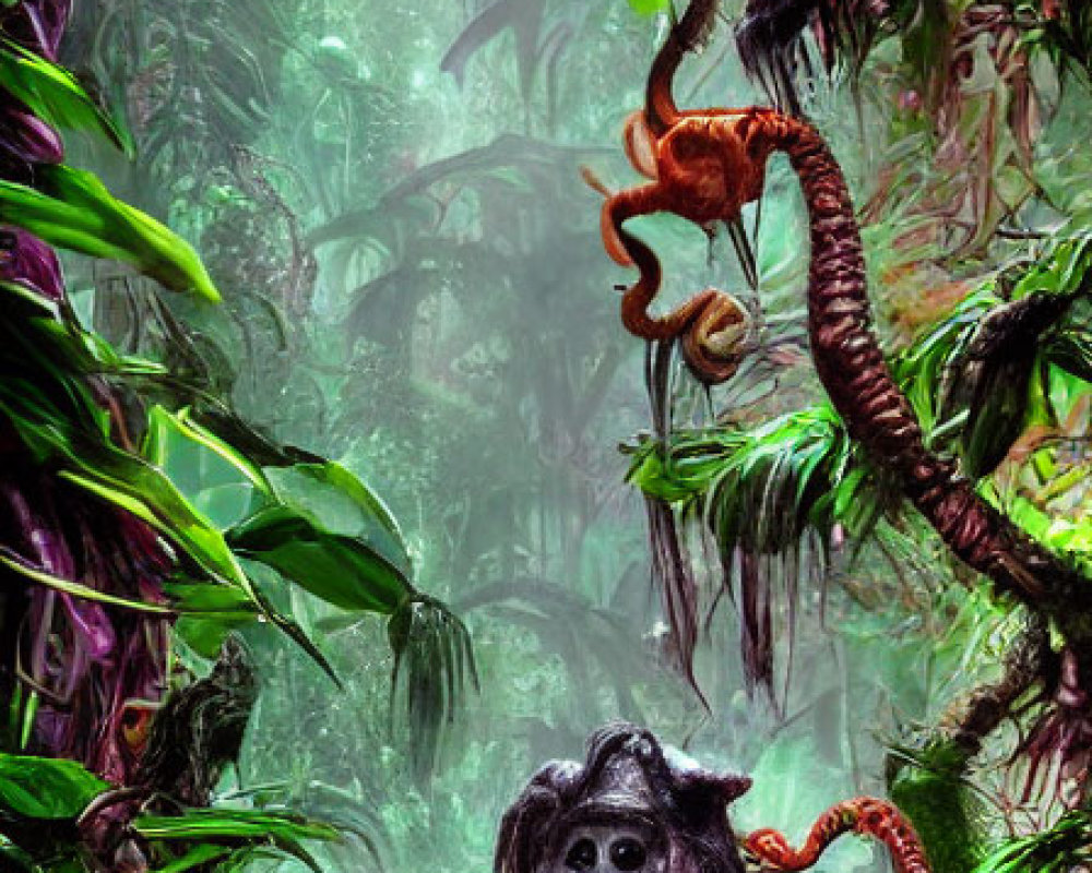 Fantasy jungle scene with vibrant purple and black monkey-like creatures in lush greenery